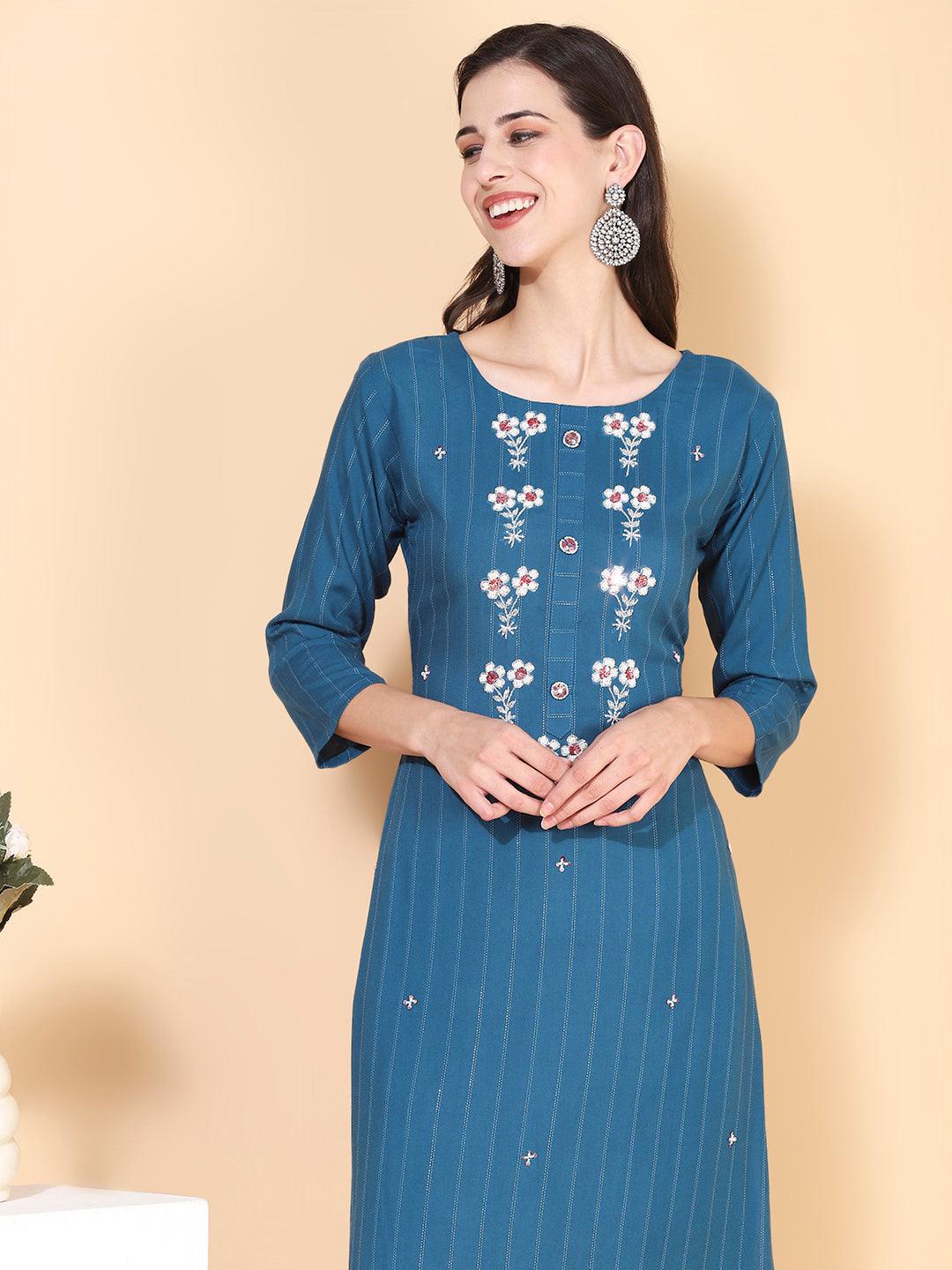 Woven Stripes & Hand Embroidered Straight Fit Kurta – Teal Blue - Indiakreations