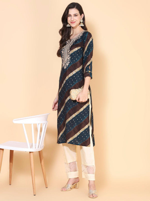 Leheriya Printed & Embroidered Straight Fit Kurta – Teal Blue - Indiakreations