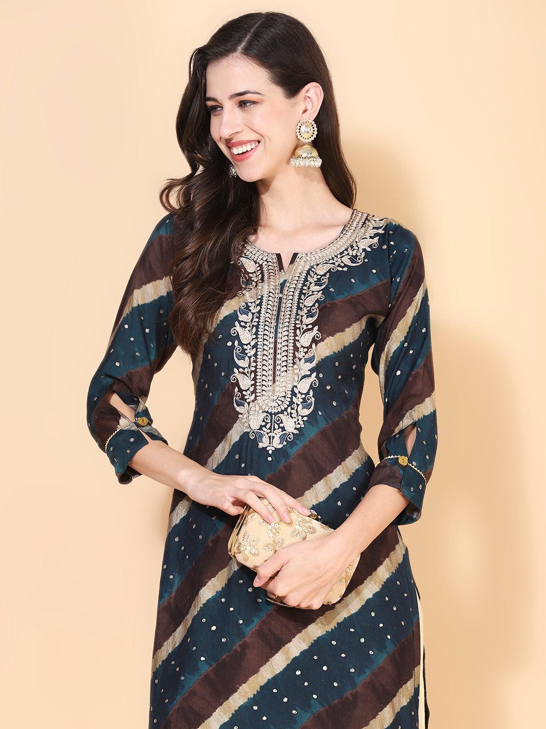 Leheriya Printed & Embroidered Straight Fit Kurta – Teal Blue - Indiakreations