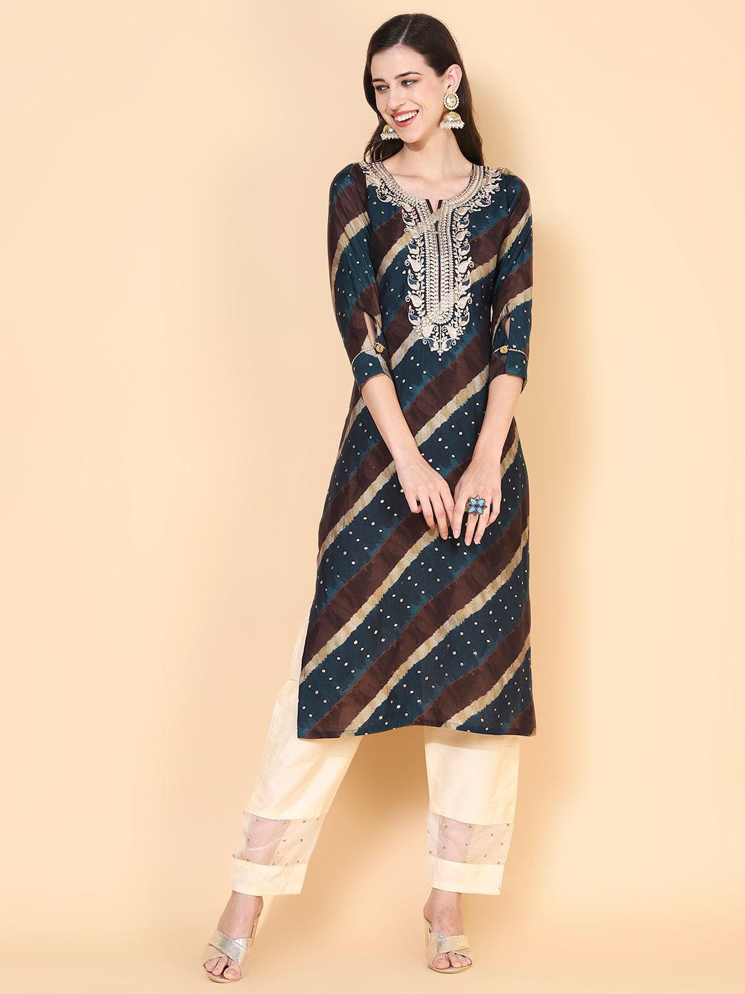 Leheriya Printed & Embroidered Straight Fit Kurta – Teal Blue - Indiakreations