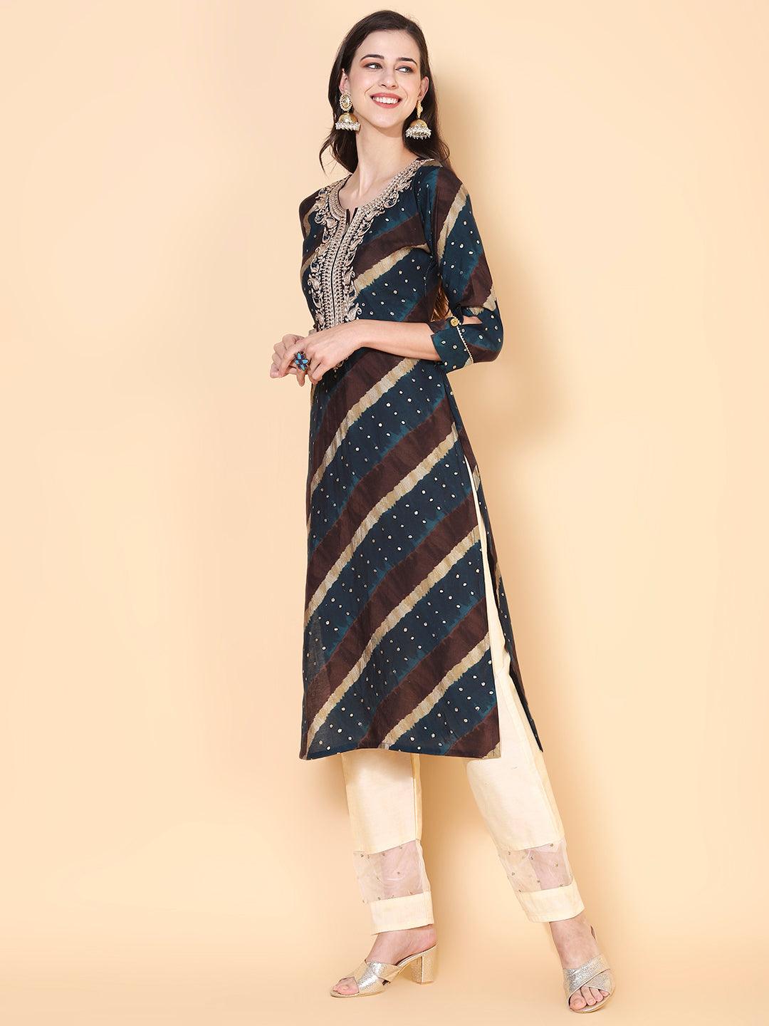 Leheriya Printed & Embroidered Straight Fit Kurta – Teal Blue - Indiakreations