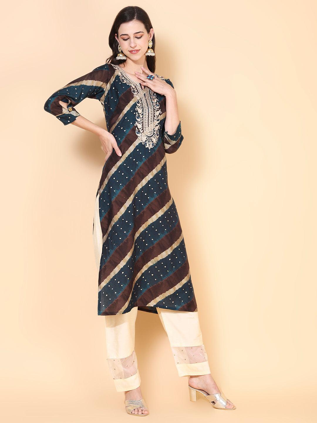 Leheriya Printed & Embroidered Straight Fit Kurta – Teal Blue - Indiakreations