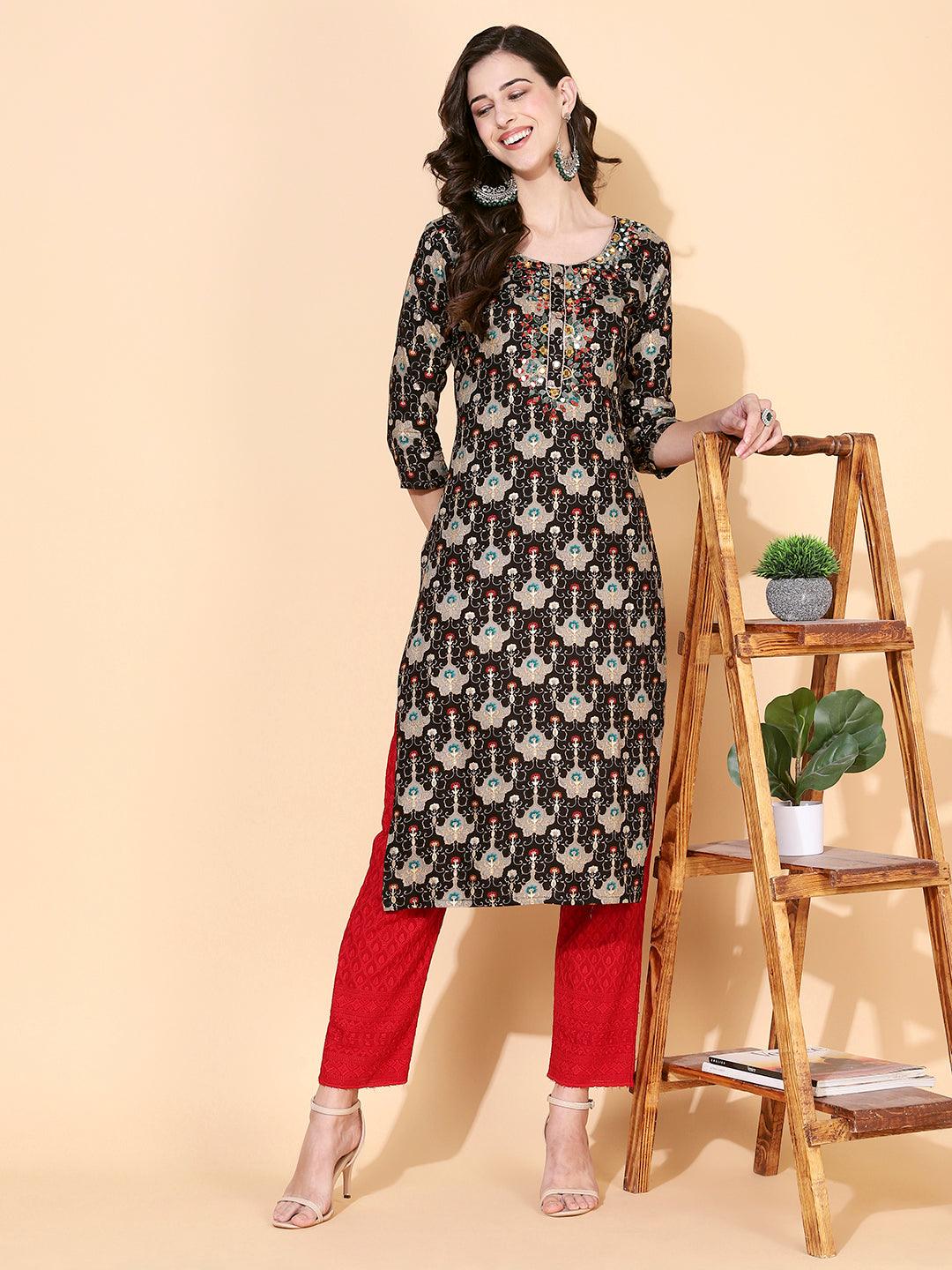 Ethnic Printed & Mirror Embroidered Straight Fit Kurta - Black - Indiakreations