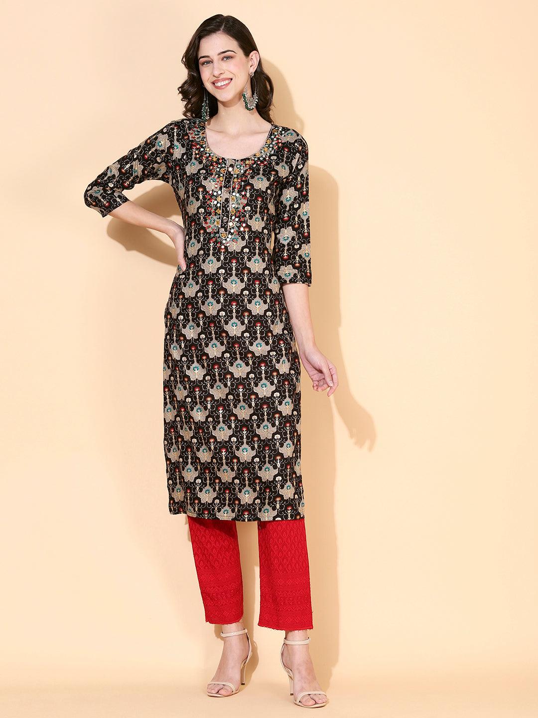 Ethnic Printed & Mirror Embroidered Straight Fit Kurta - Black - Indiakreations