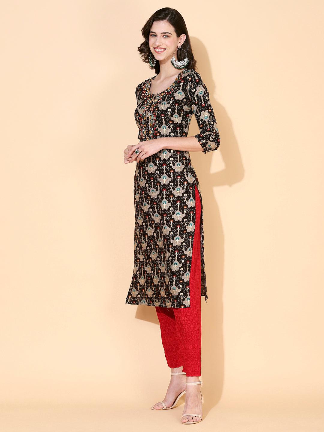 Ethnic Printed & Mirror Embroidered Straight Fit Kurta - Black - Indiakreations