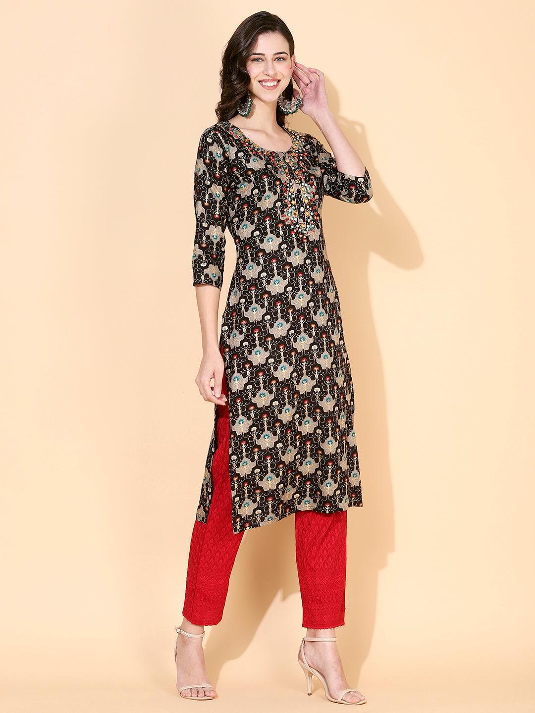 Ethnic Printed & Mirror Embroidered Straight Fit Kurta - Black - Indiakreations