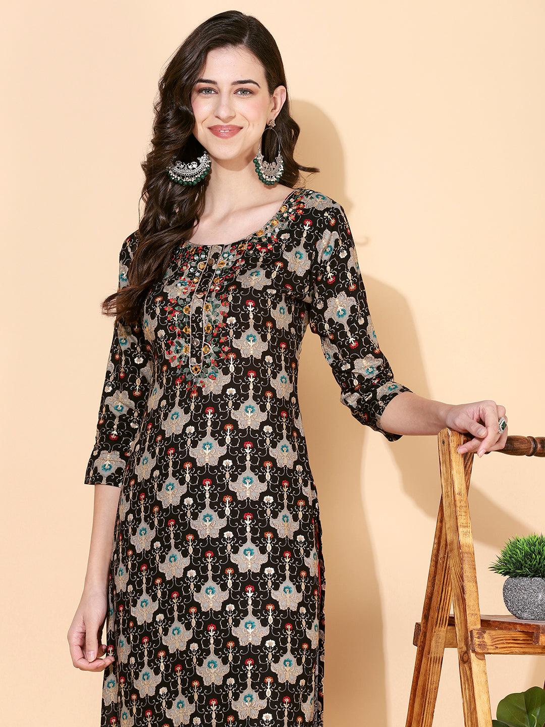 Ethnic Printed & Mirror Embroidered Straight Fit Kurta - Black - Indiakreations