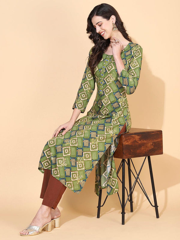 Ethnic Printed & Embroidered Straight Fit Kurta – Green - Indiakreations