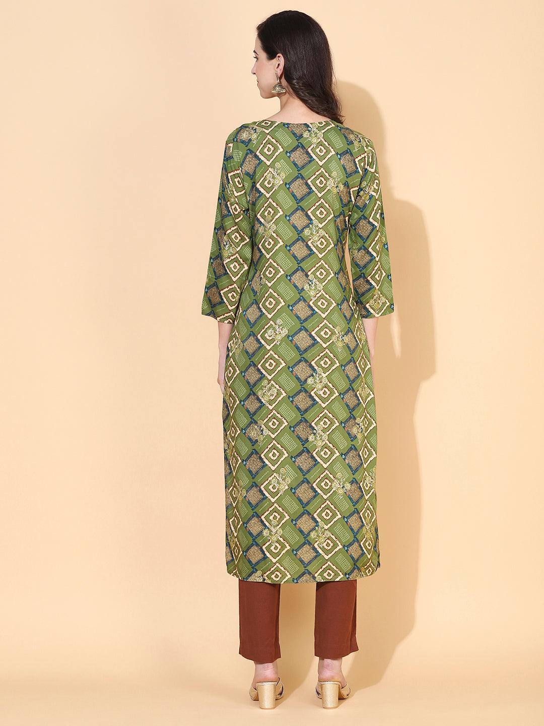 Ethnic Printed & Embroidered Straight Fit Kurta – Green - Indiakreations