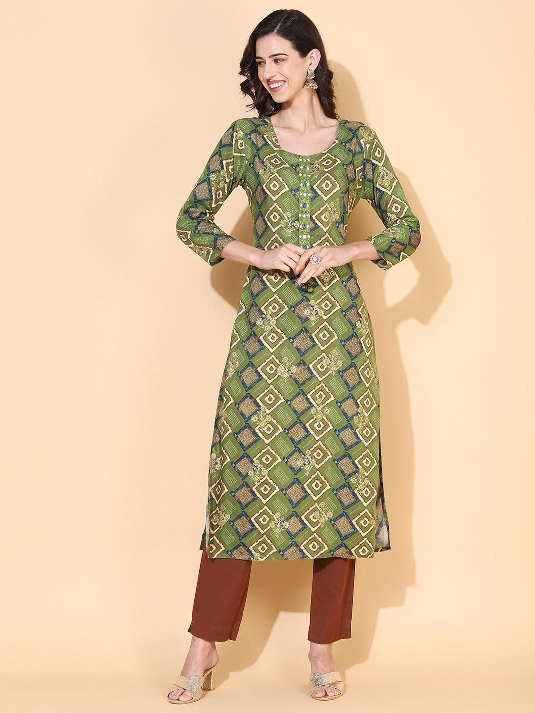 Ethnic Printed & Embroidered Straight Fit Kurta – Green - Indiakreations