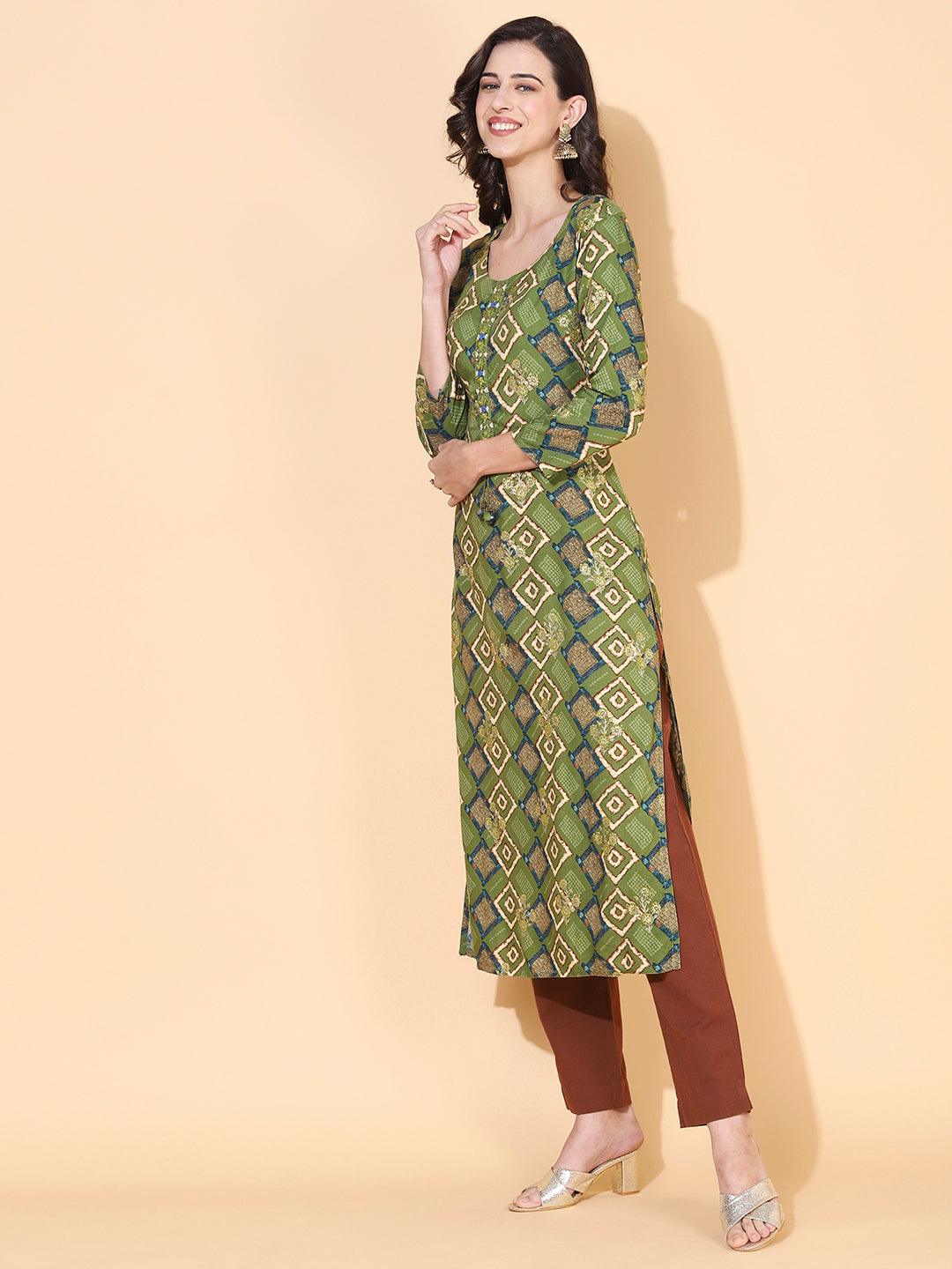 Ethnic Printed & Embroidered Straight Fit Kurta – Green - Indiakreations