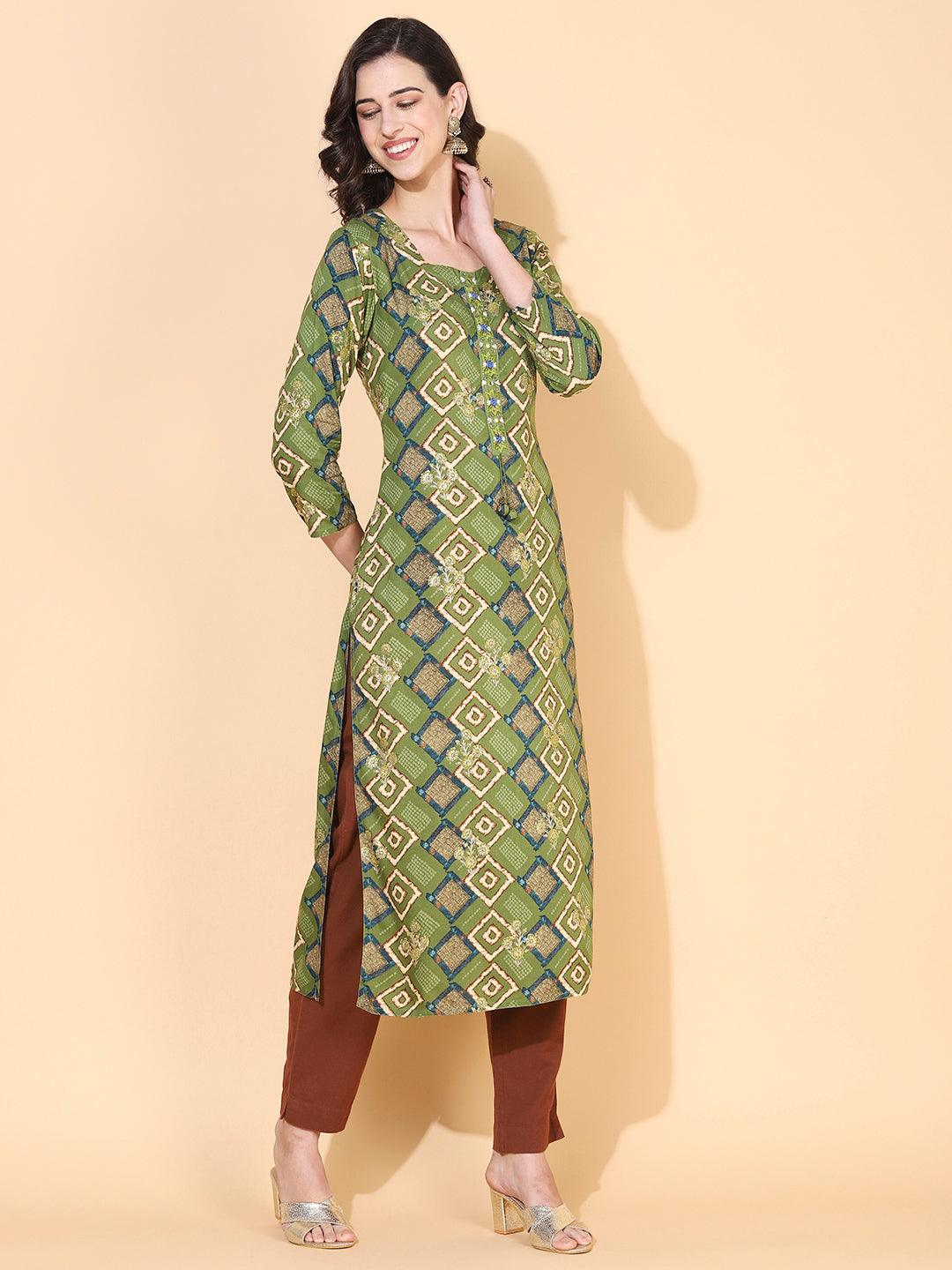 Ethnic Printed & Embroidered Straight Fit Kurta – Green - Indiakreations