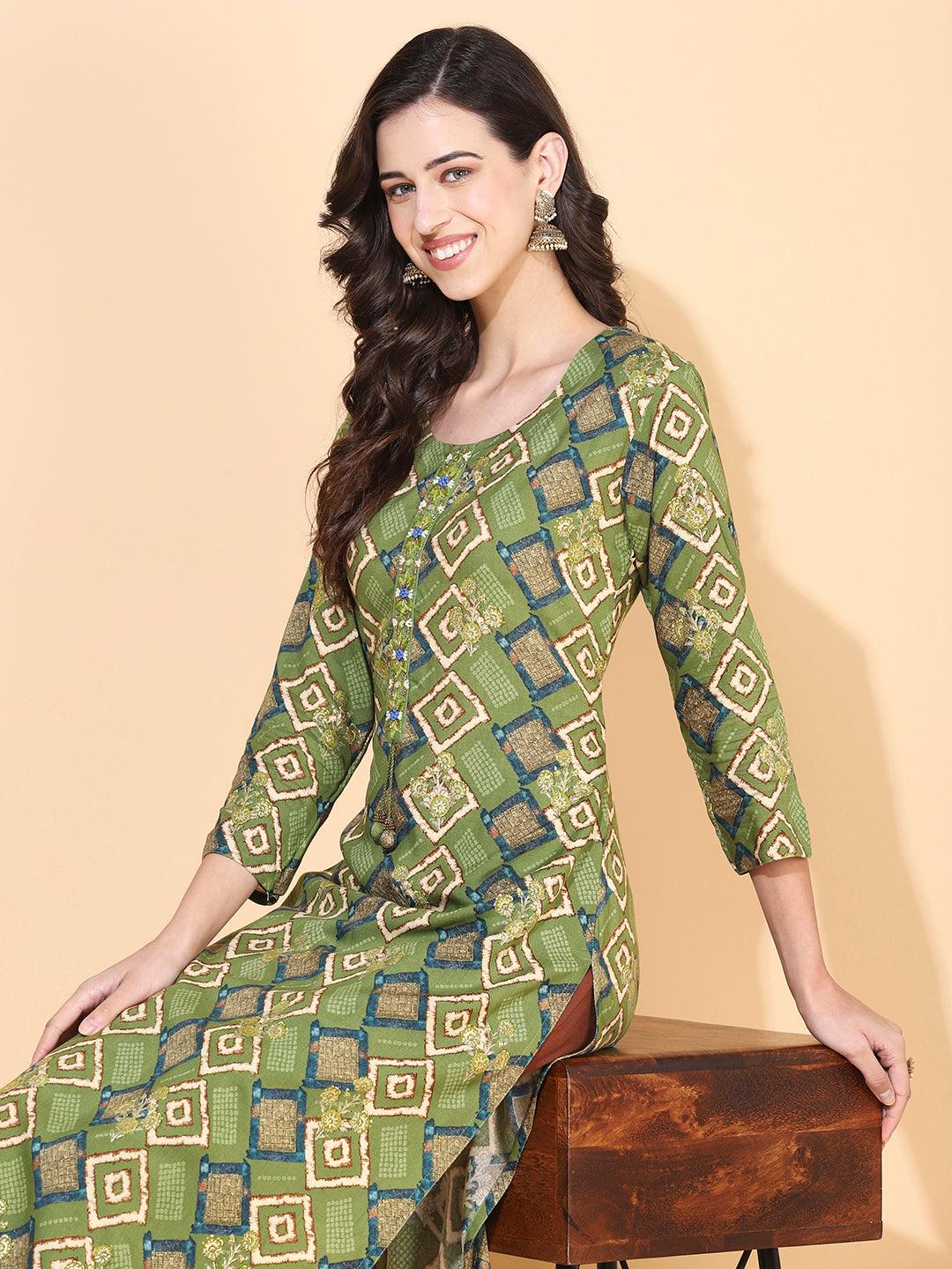 Ethnic Printed & Embroidered Straight Fit Kurta – Green - Indiakreations