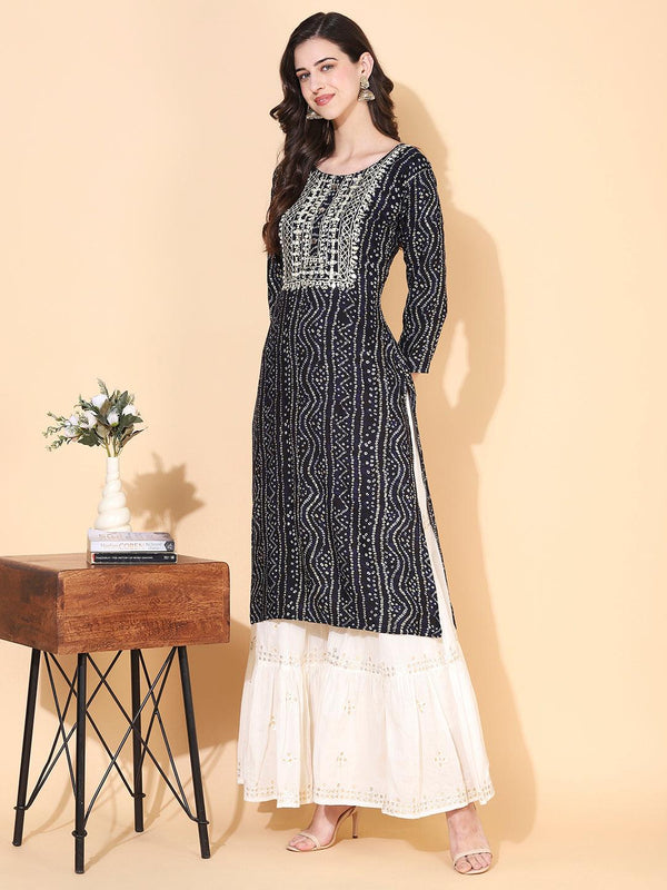 Bandhani printed Mirror Embroidered Kurta - Navy Blue - Indiakreations