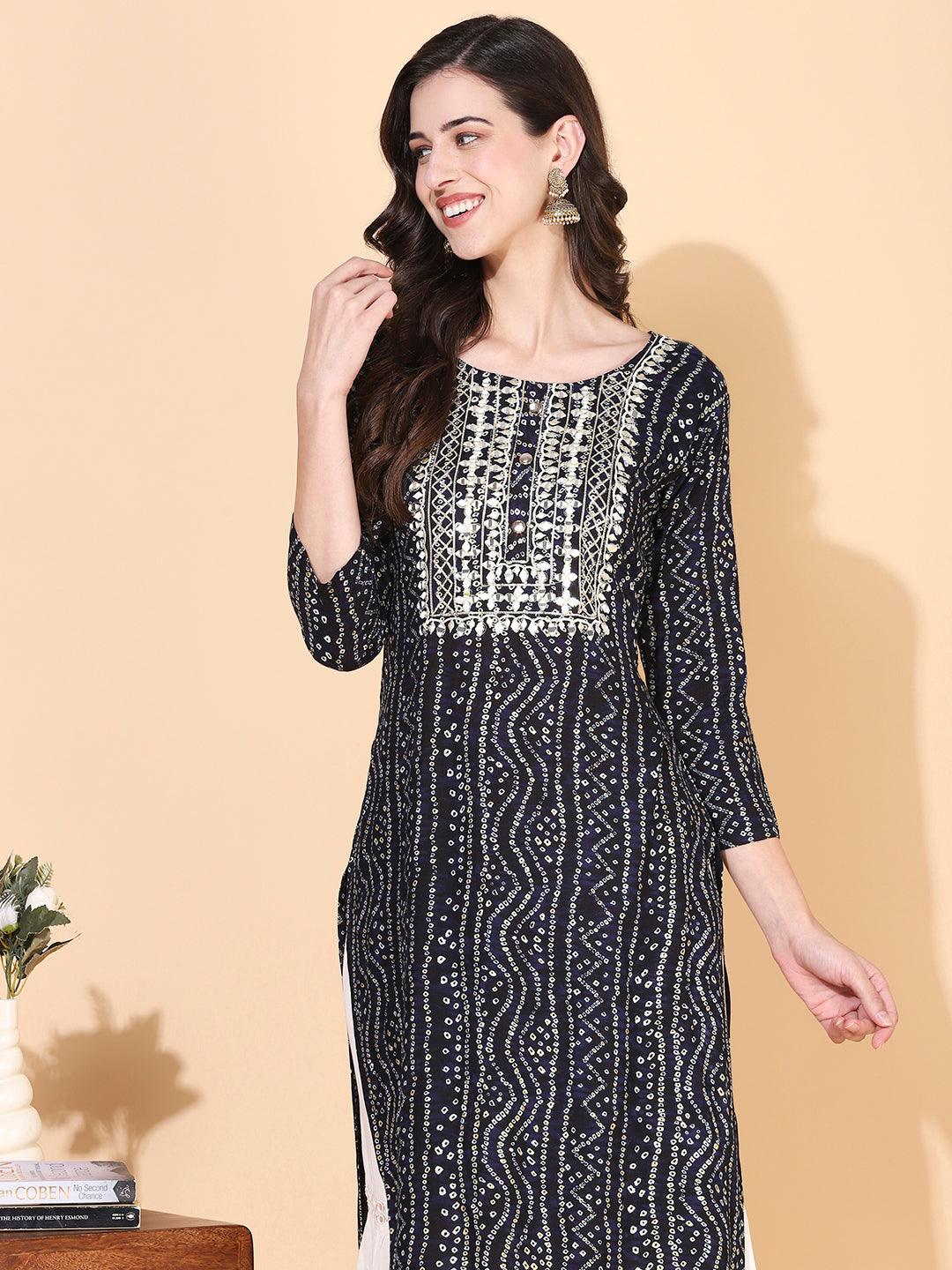 Bandhani printed Mirror Embroidered Kurta - Navy Blue - Indiakreations