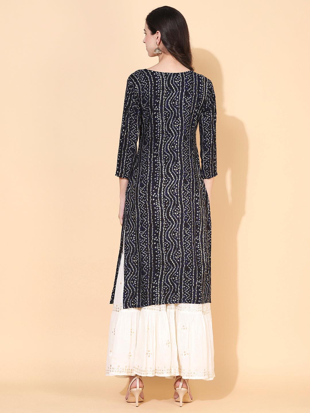 Bandhani printed Mirror Embroidered Kurta - Navy Blue - Indiakreations