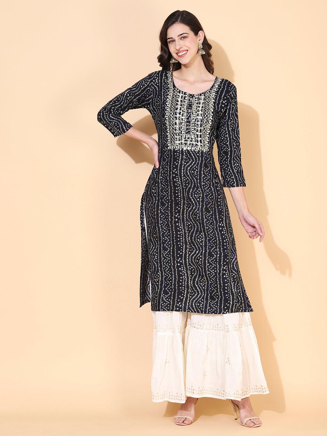 Bandhani printed Mirror Embroidered Kurta - Navy Blue - Indiakreations