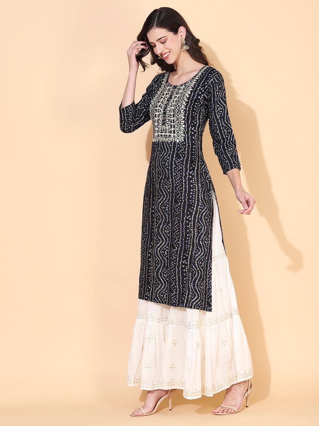 Bandhani printed Mirror Embroidered Kurta - Navy Blue - Indiakreations