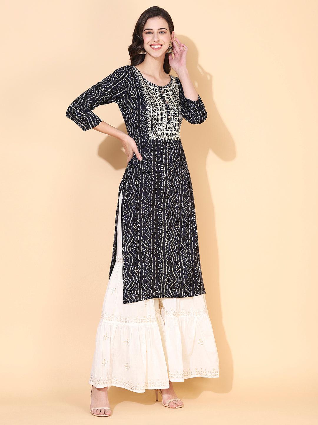 Bandhani printed Mirror Embroidered Kurta - Navy Blue - Indiakreations