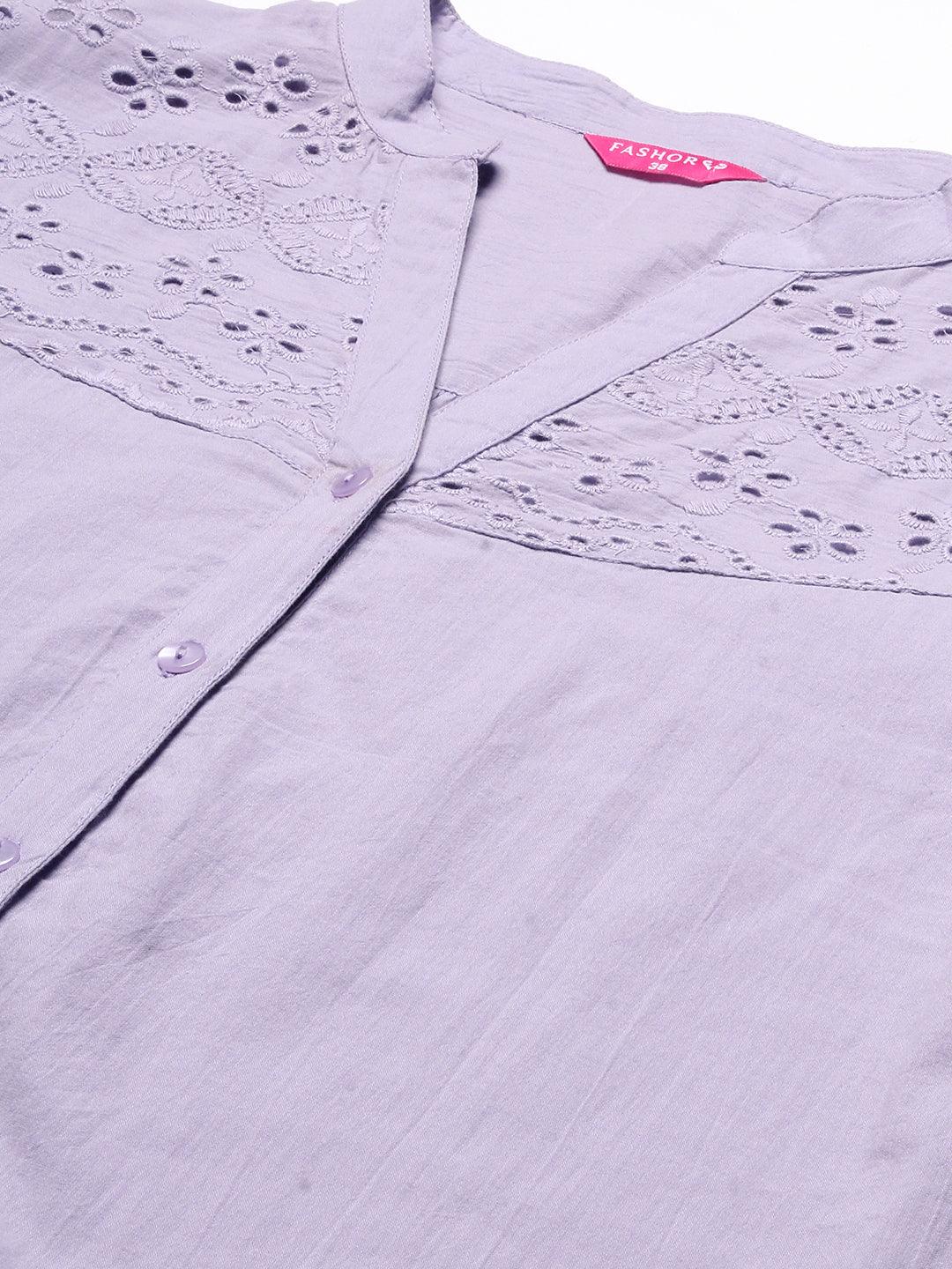 Solid Cutwork Embroidered Co-ord Set - Lavender - Indiakreations