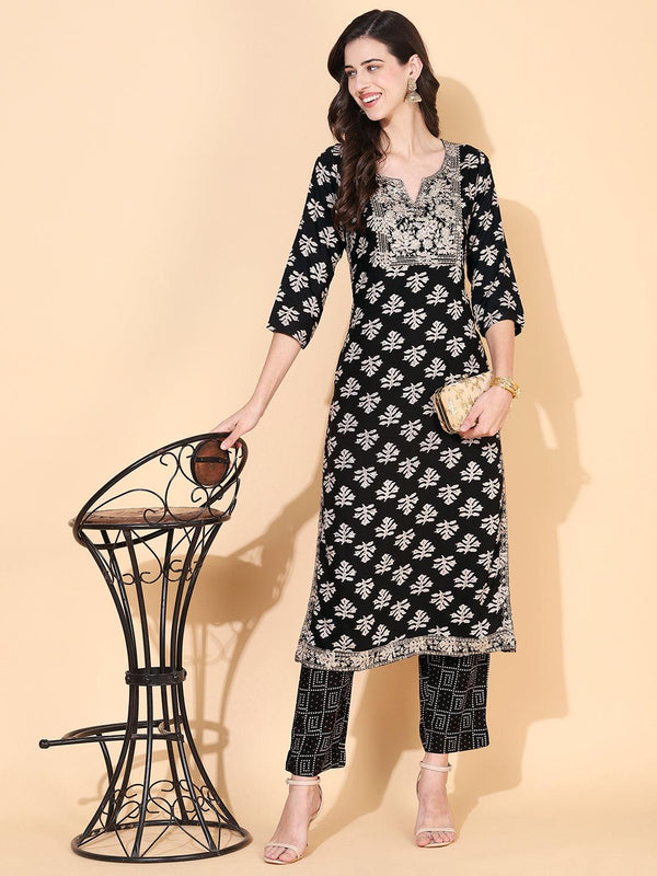 Ethnic Printed & Embroidered Straight Fit Kurta with Pant - Black - Indiakreations