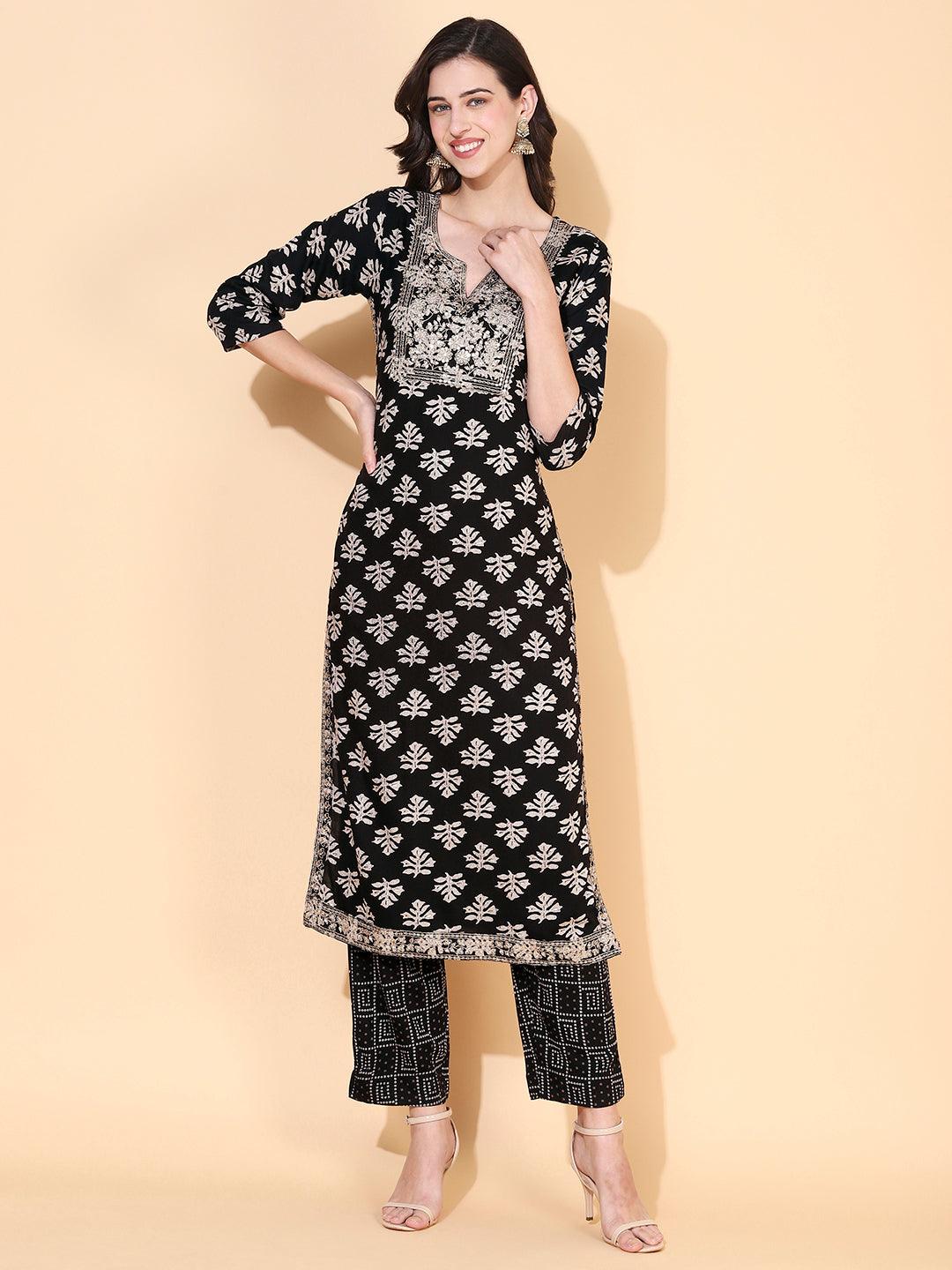 Ethnic Printed & Embroidered Straight Fit Kurta with Pant - Black - Indiakreations