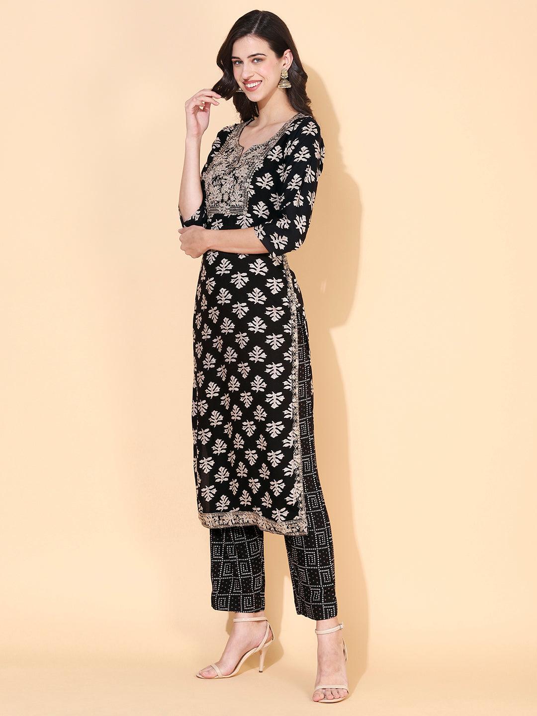 Ethnic Printed & Embroidered Straight Fit Kurta with Pant - Black - Indiakreations