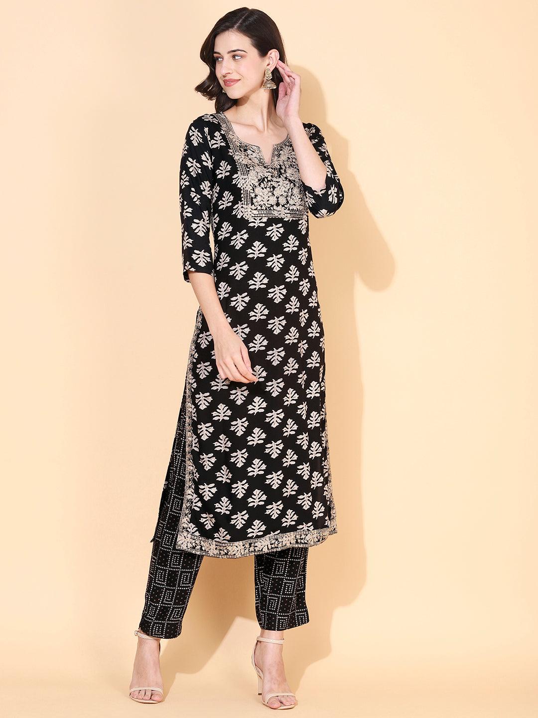 Ethnic Printed & Embroidered Straight Fit Kurta with Pant - Black - Indiakreations