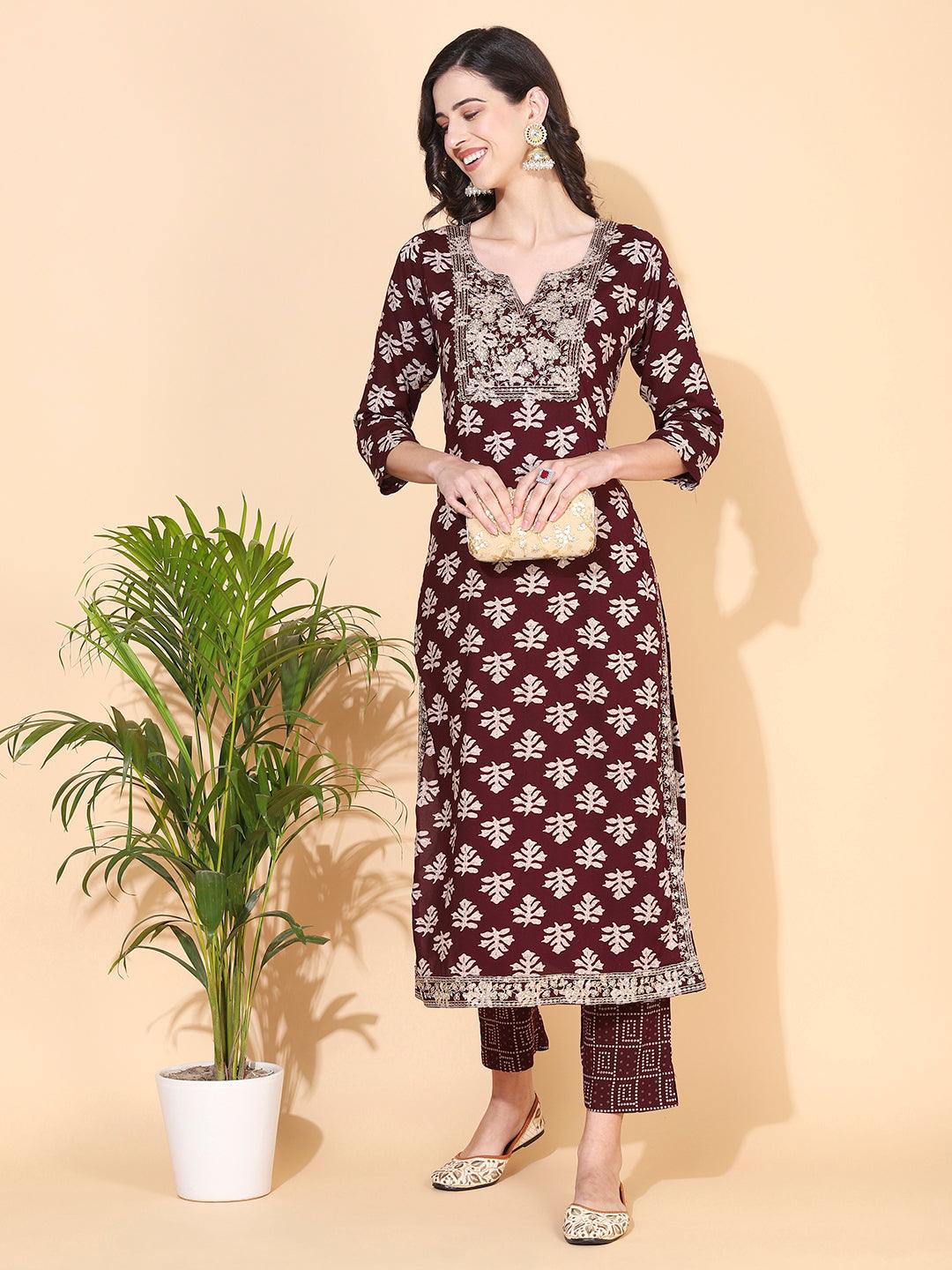 Ethnic Printed & Embroidered Straight Fit Kurta with Pant - Maroon - Indiakreations