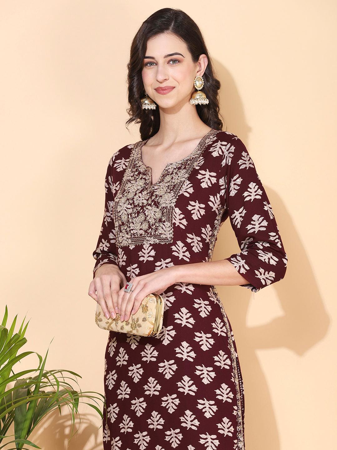 Ethnic Printed & Embroidered Straight Fit Kurta with Pant - Maroon - Indiakreations