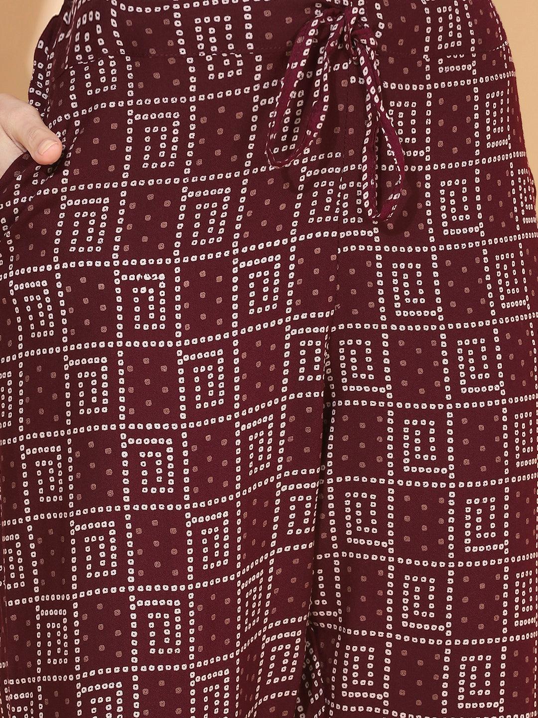 Ethnic Printed & Embroidered Straight Fit Kurta with Pant - Maroon - Indiakreations