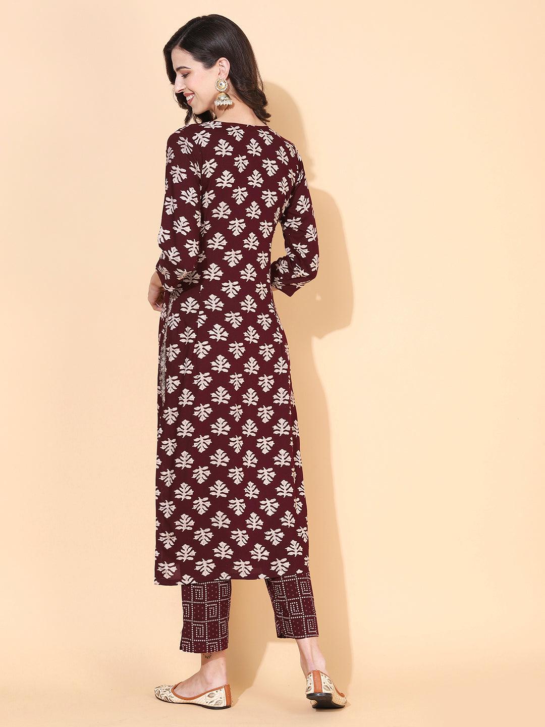 Ethnic Printed & Embroidered Straight Fit Kurta with Pant - Maroon - Indiakreations