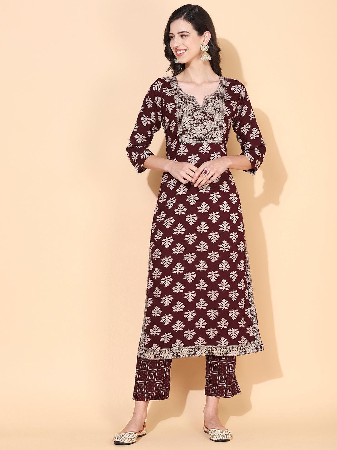 Ethnic Printed & Embroidered Straight Fit Kurta with Pant - Maroon - Indiakreations