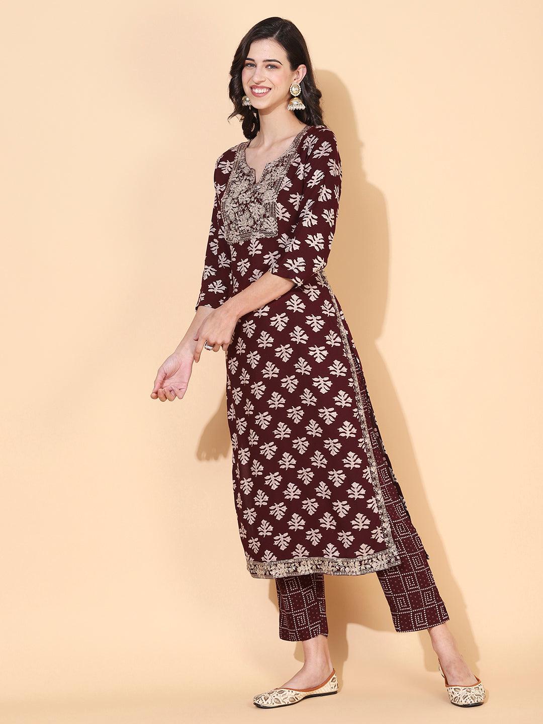 Ethnic Printed & Embroidered Straight Fit Kurta with Pant - Maroon - Indiakreations