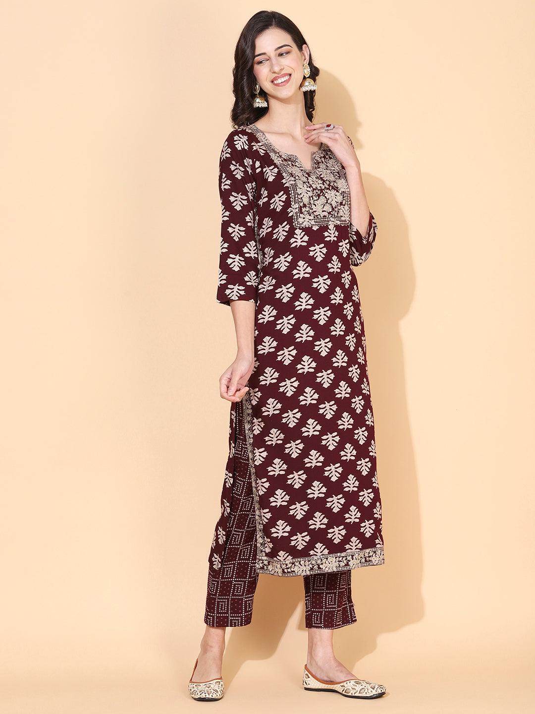 Ethnic Printed & Embroidered Straight Fit Kurta with Pant - Maroon - Indiakreations