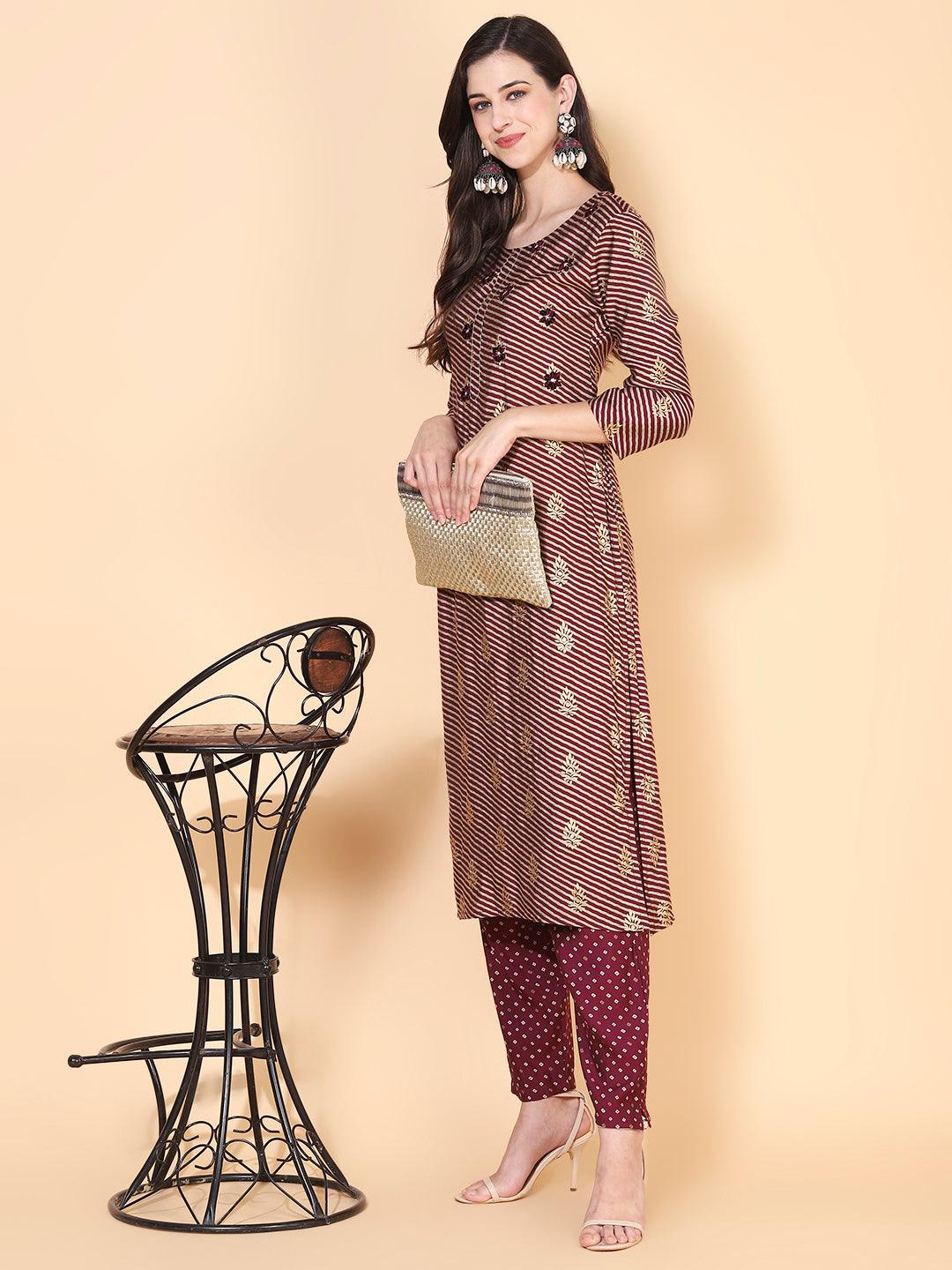 Lehriya Printed & Resham Embroidered Kurta with Bandhani Pants - Mauve - Indiakreations