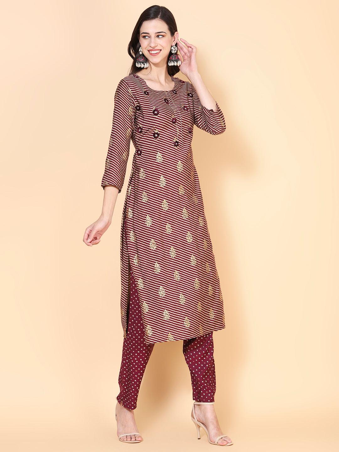 Lehriya Printed & Resham Embroidered Kurta with Bandhani Pants - Mauve - Indiakreations