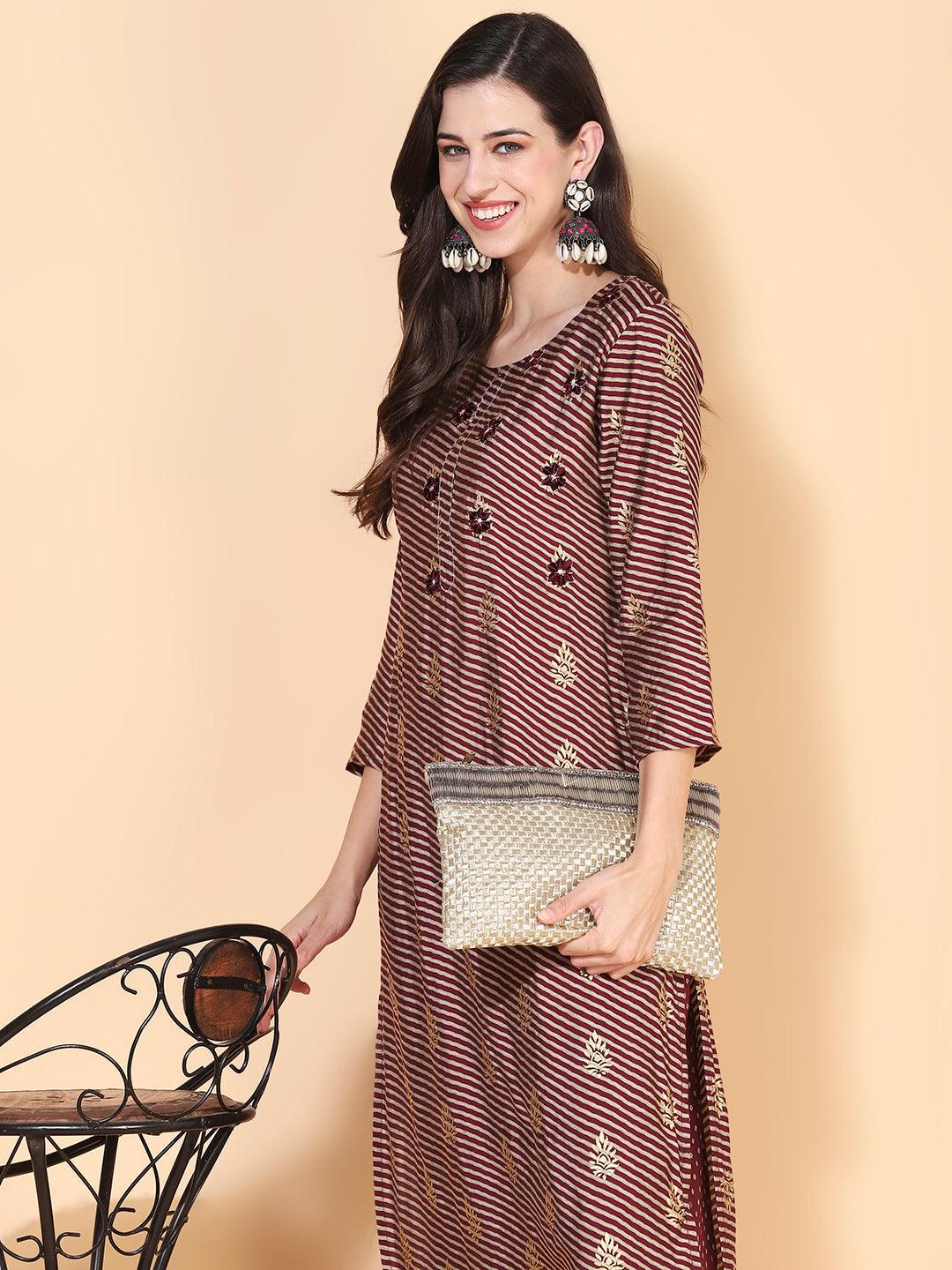 Lehriya Printed & Resham Embroidered Kurta with Bandhani Pants - Mauve - Indiakreations