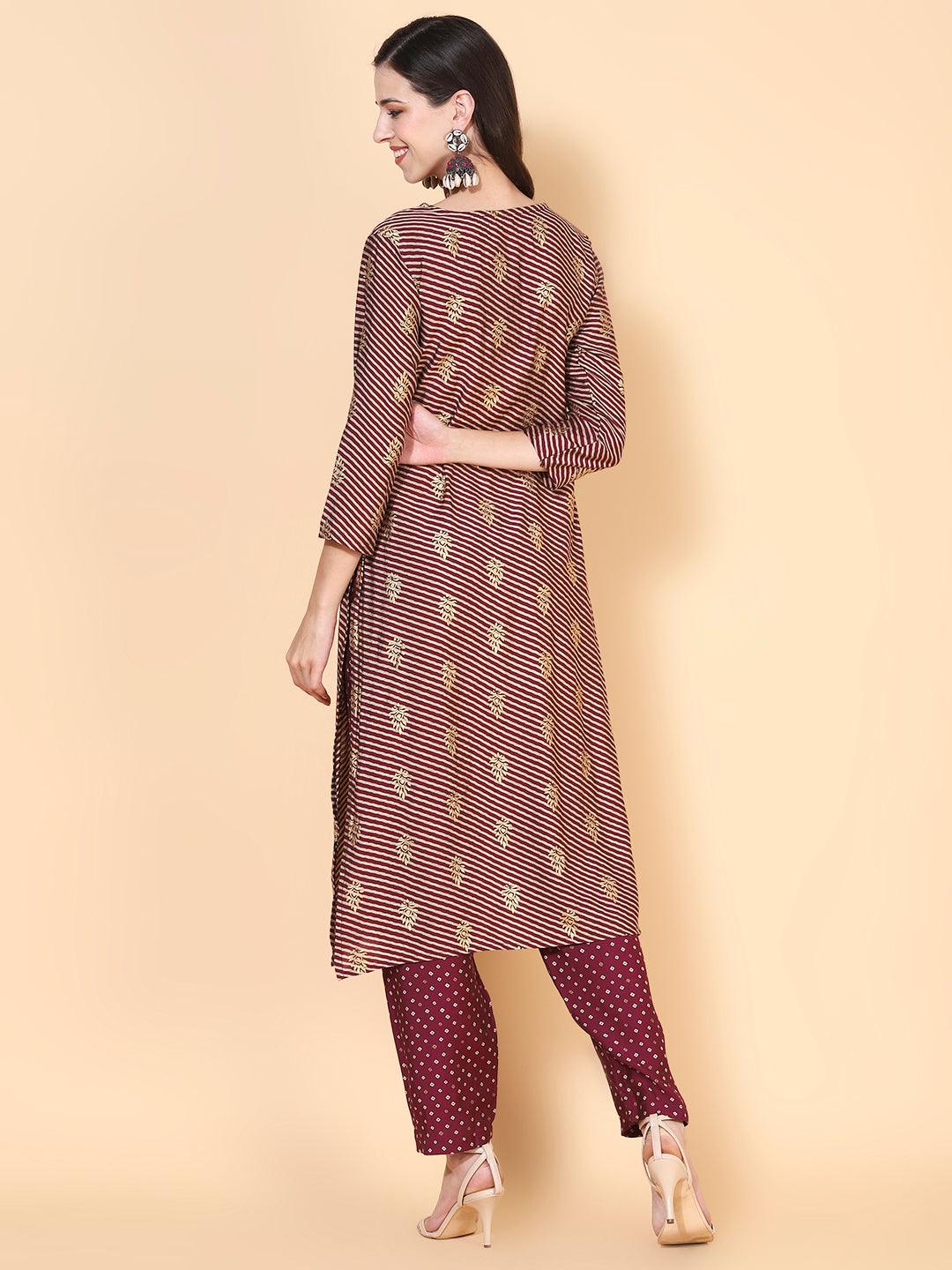 Lehriya Printed & Resham Embroidered Kurta with Bandhani Pants - Mauve - Indiakreations