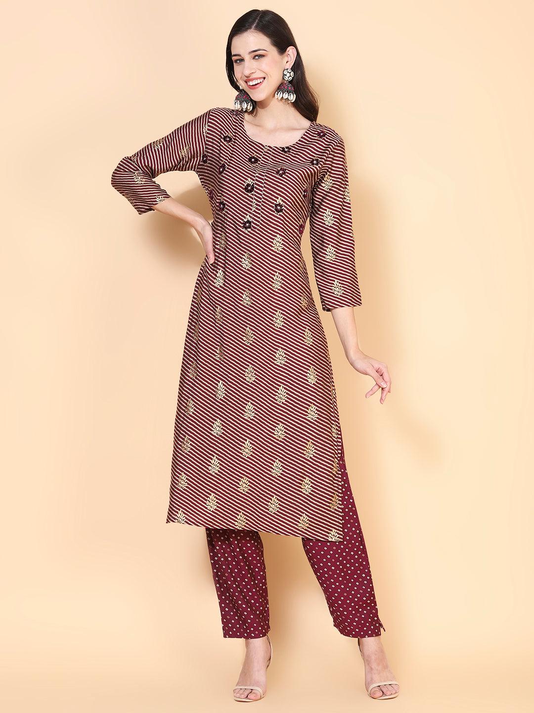 Lehriya Printed & Resham Embroidered Kurta with Bandhani Pants - Mauve - Indiakreations