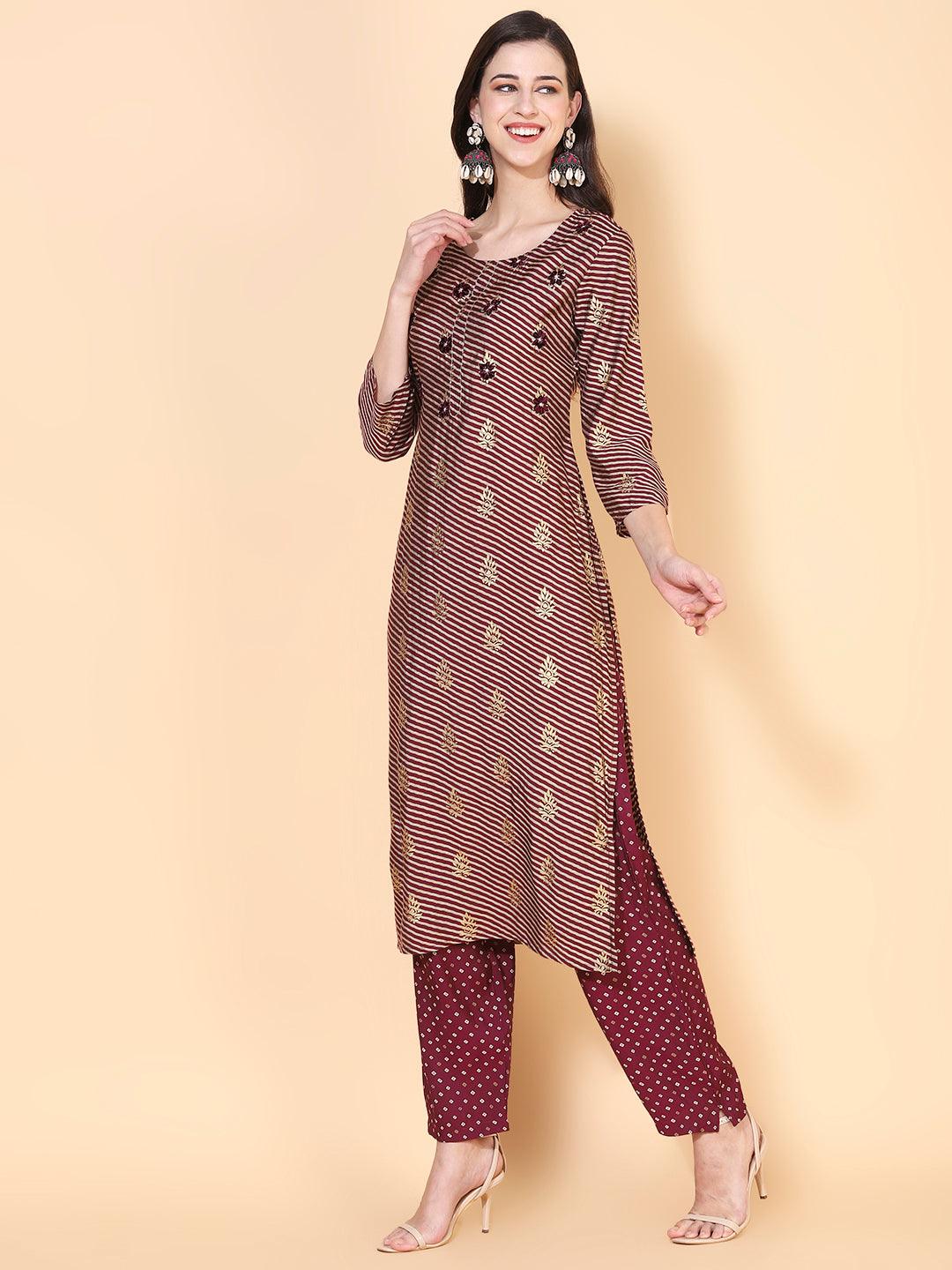 Lehriya Printed & Resham Embroidered Kurta with Bandhani Pants - Mauve - Indiakreations