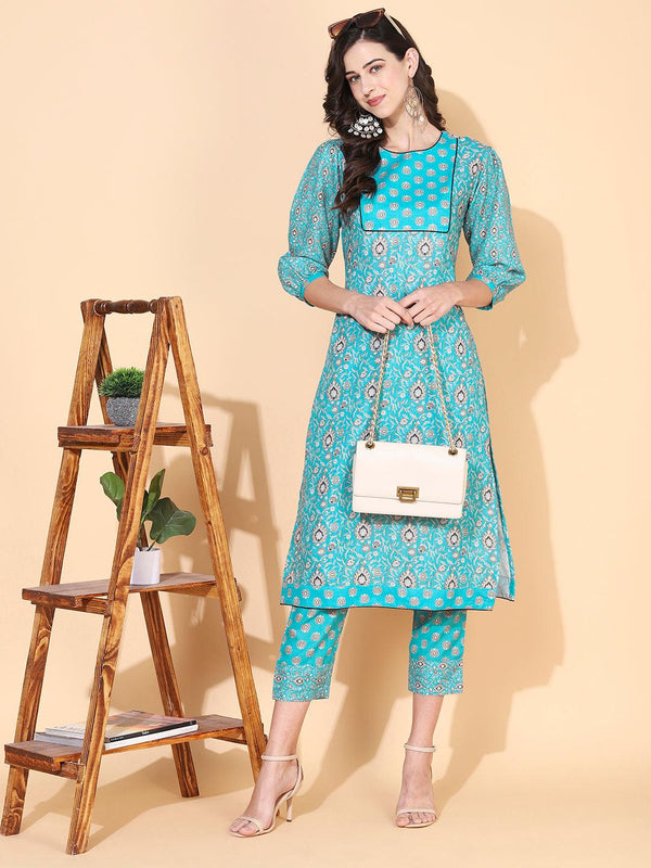 Floral Printed Straight Fit Kurta & Pant - Turquoise Blue - Indiakreations