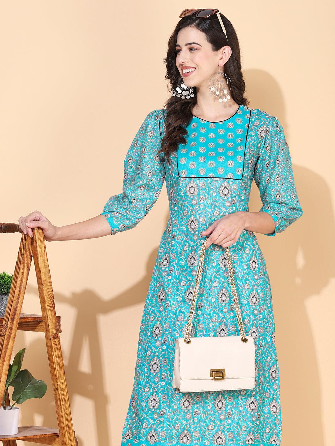 Floral Printed Straight Fit Kurta & Pant - Turquoise Blue - Indiakreations