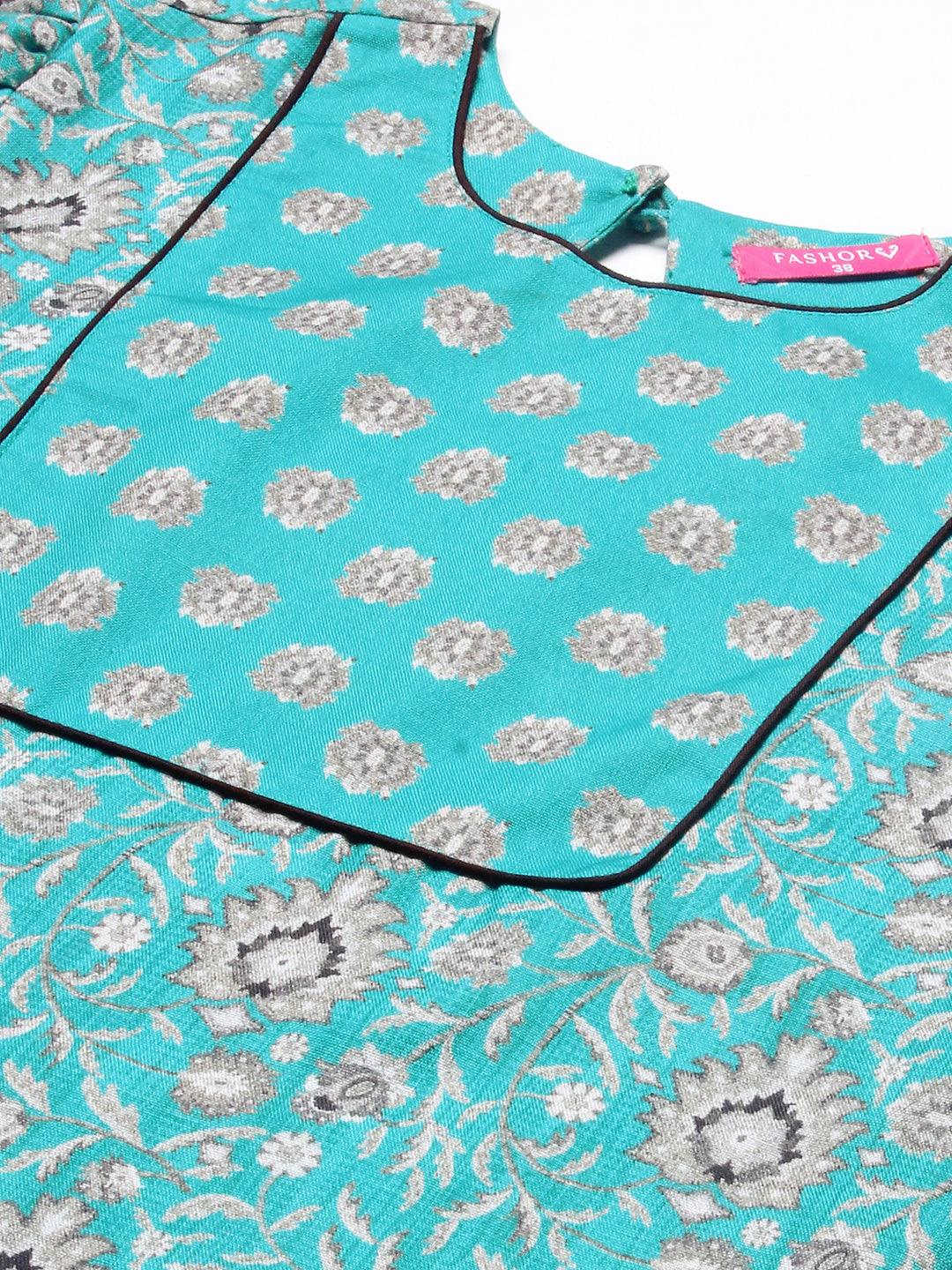 Floral Printed Straight Fit Kurta & Pant - Turquoise Blue - Indiakreations