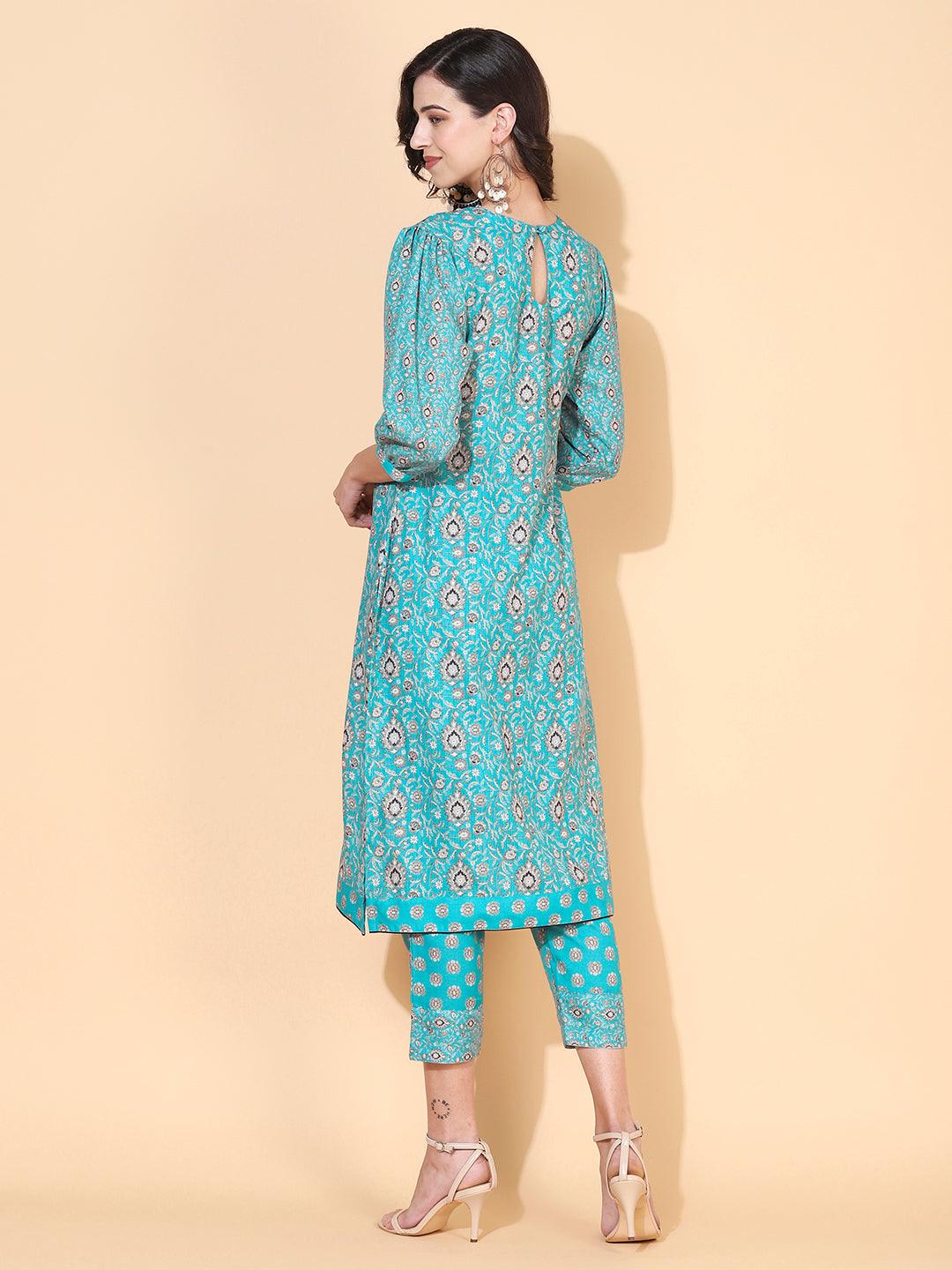 Floral Printed Straight Fit Kurta & Pant - Turquoise Blue - Indiakreations