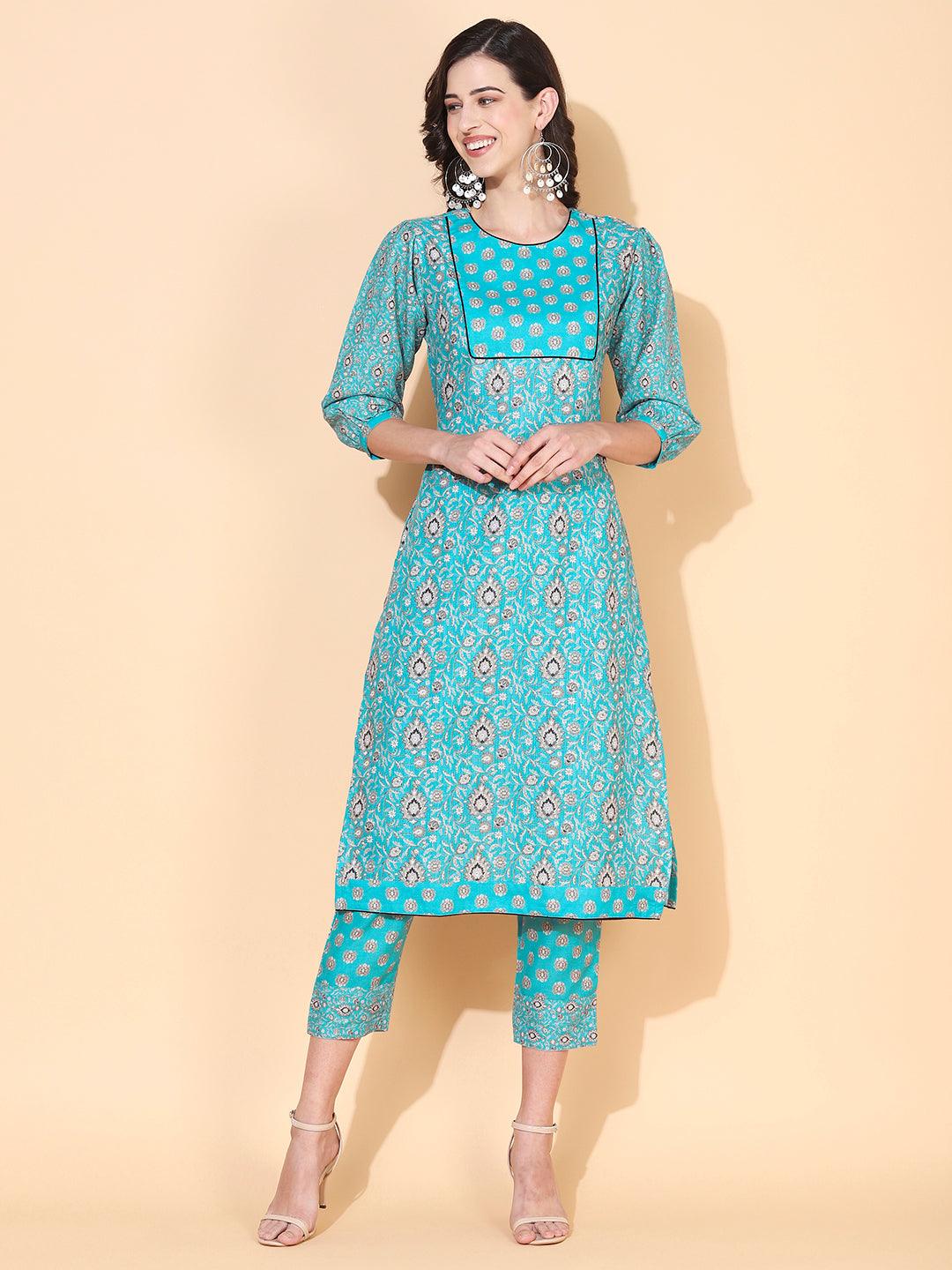 Floral Printed Straight Fit Kurta & Pant - Turquoise Blue - Indiakreations