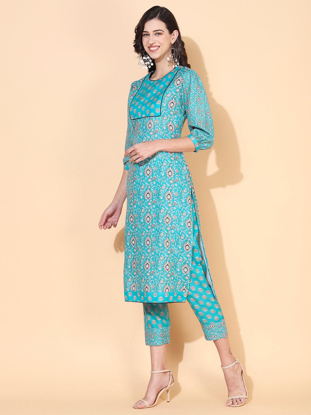 Floral Printed Straight Fit Kurta & Pant - Turquoise Blue - Indiakreations