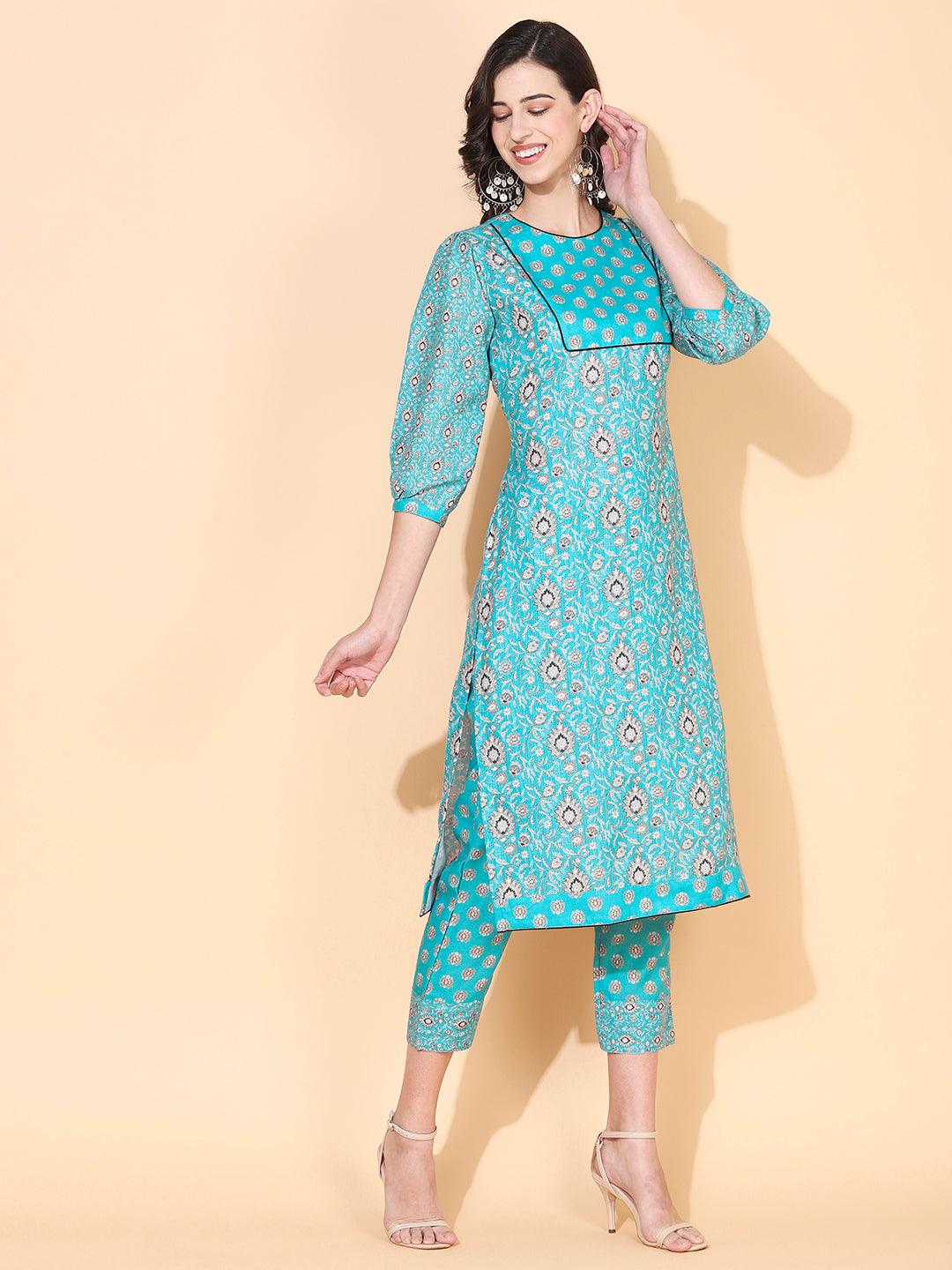 Floral Printed Straight Fit Kurta & Pant - Turquoise Blue - Indiakreations