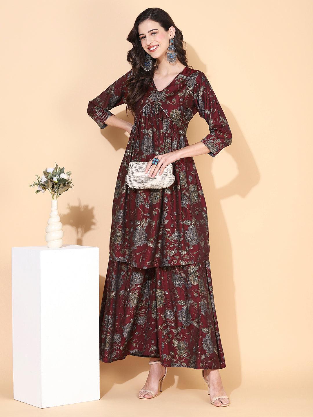 Floral Printed & Hand Embroidered A-Line Kurta with Palazzo - Maroon - Indiakreations