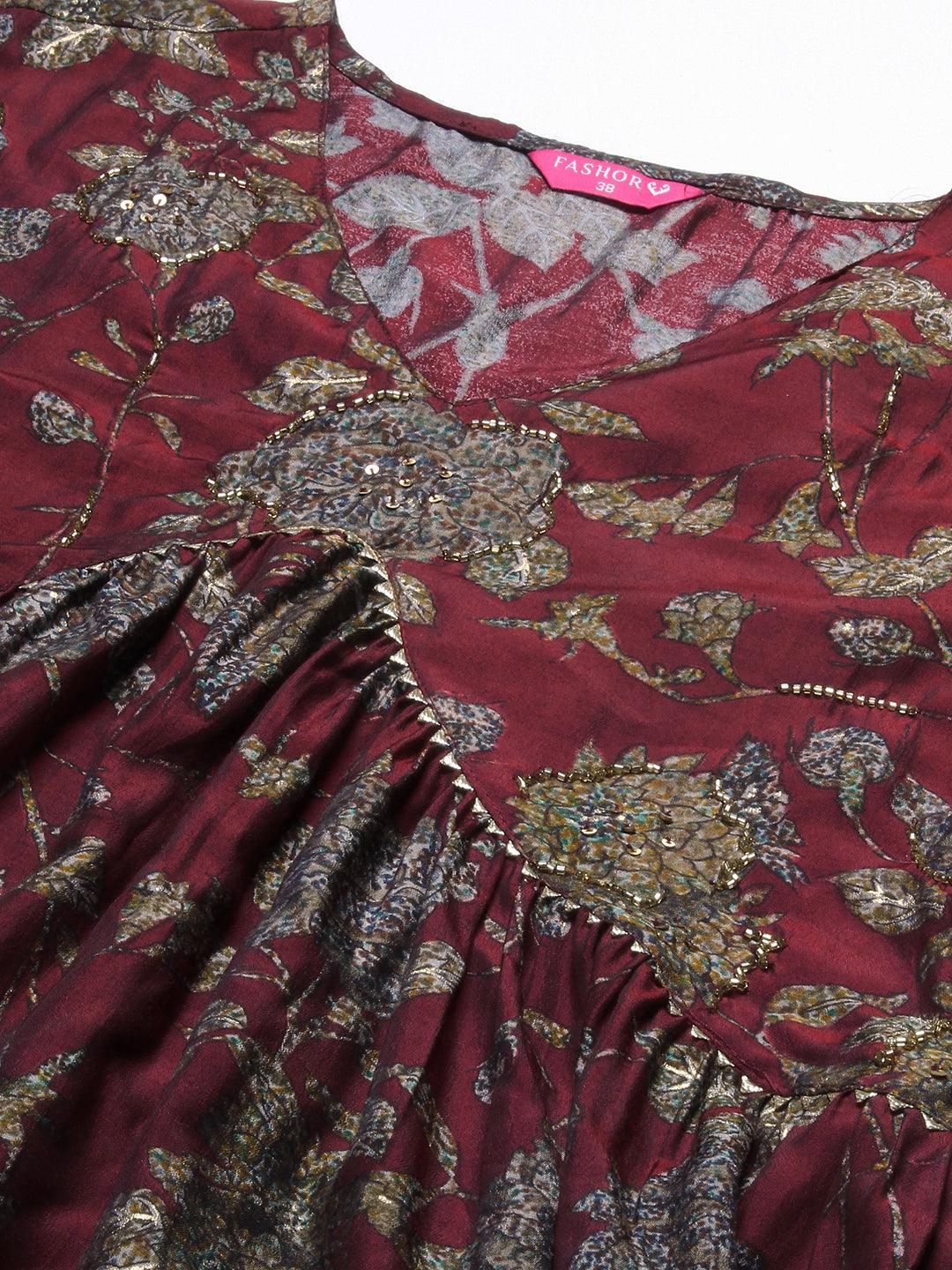 Floral Printed & Hand Embroidered A-Line Kurta with Palazzo - Maroon - Indiakreations